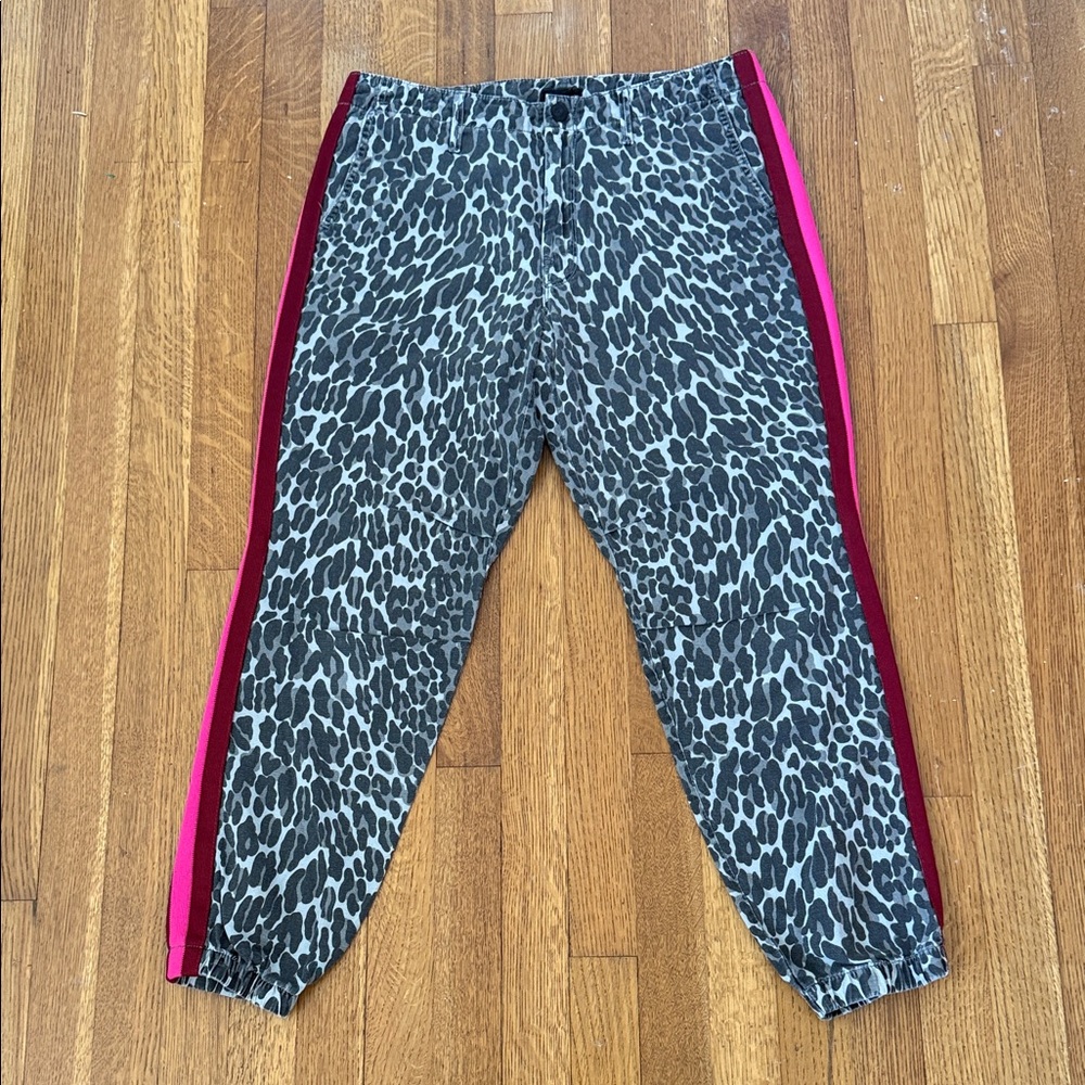 Mother The No Zip MisFit Jungle Eyes Leopard Print Joggers with Red Pink Stripe